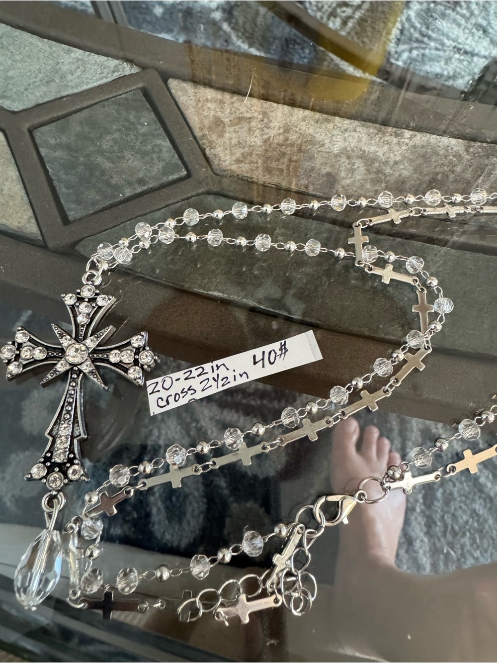 Crystal Rosary-Style Cross Necklace in Clear/Silver